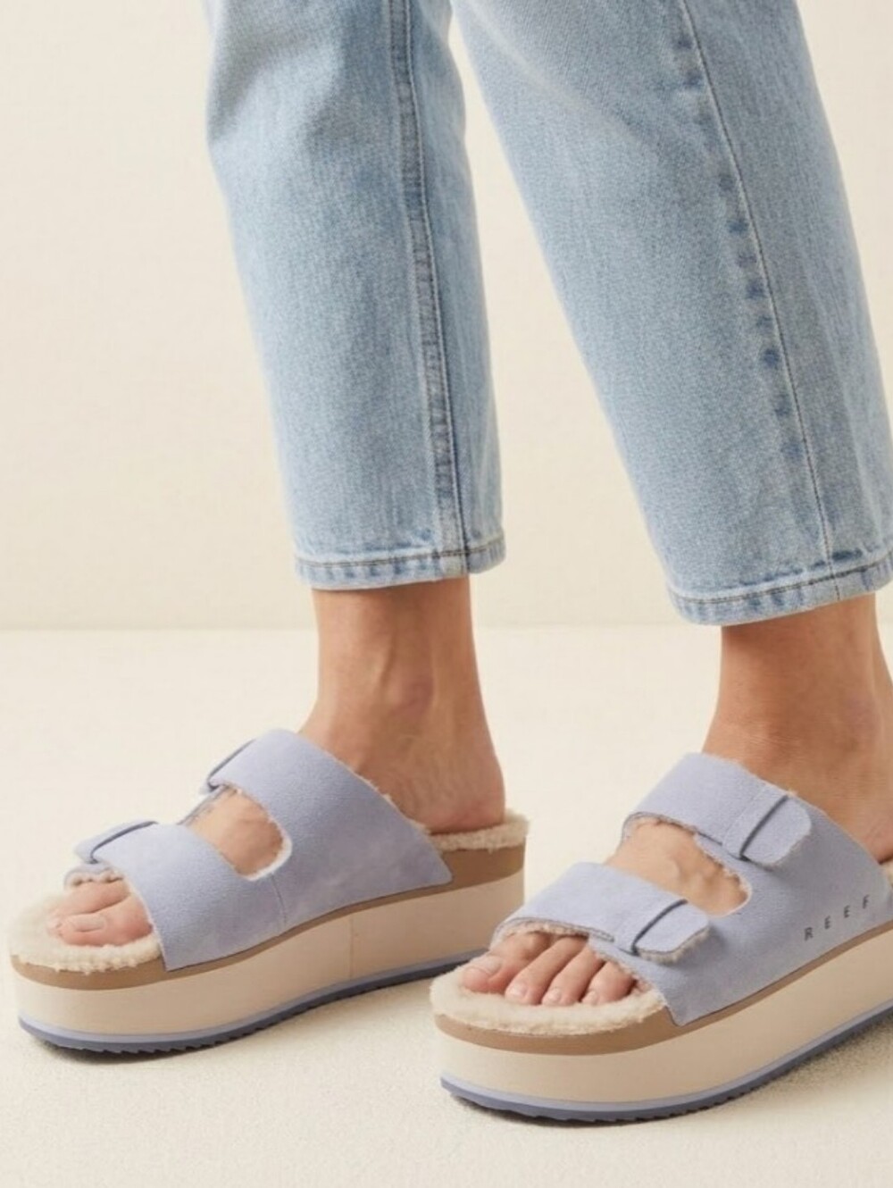 NEW! Reef Light Blue Shearling Platform Slide Mules sz 8 NWT - Picture 2 of 12